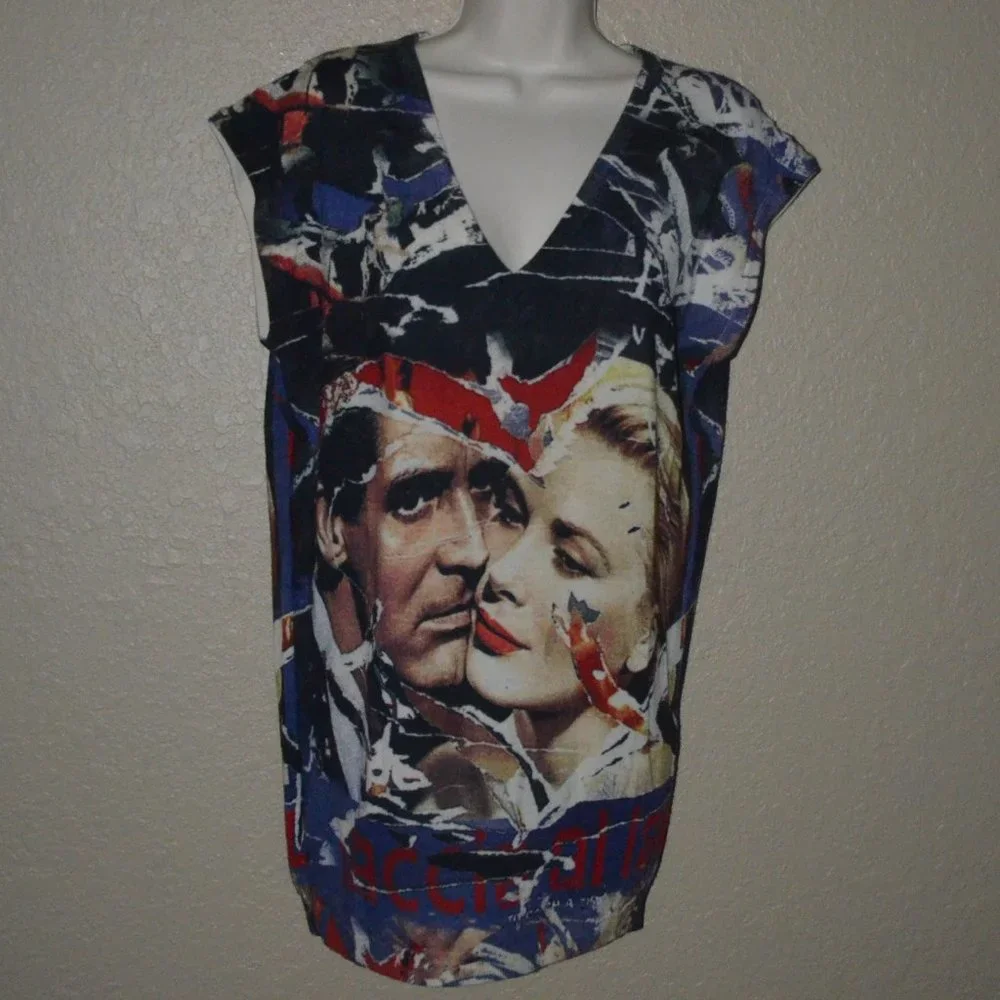 NWOT Sz S Printed Artworks Cashmere Blend Cap Sleeve V-Neck Tunic Sweater